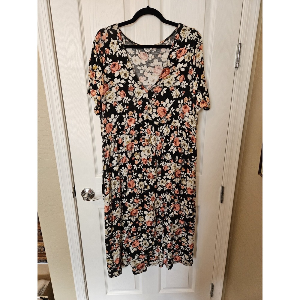 Unicorn Tribe Floral V-Neck Elastic Waist Stretchy Short Sleeve Midi Dress, 2XL